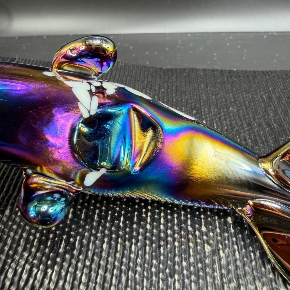 Pele of Hawaii Glass Iridescent Dolphin Figurine Carnival Glass White Spotted